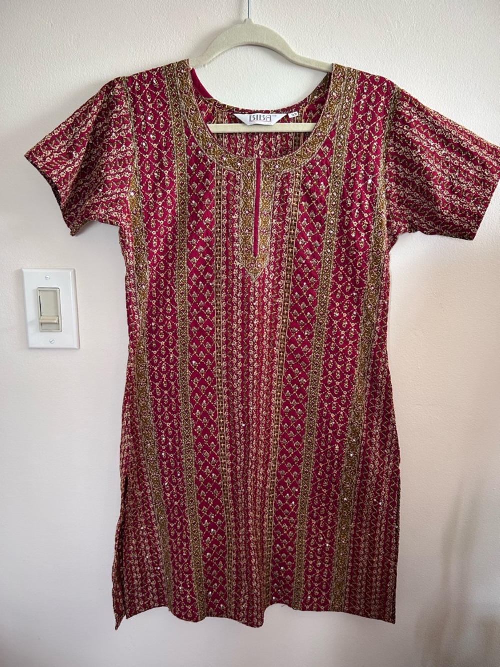 BIBA Women's Patterned Maroon Tunic Shirt Dress with Gold Accents